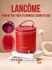 Lancôme 虎年限量版圓筒化妝包，15.5*17cm 時尚便攜設計，奢華彩妝配件，可收納化妝品與護膚品，適合個人使用與送禮 - 紅色 - 查看 2