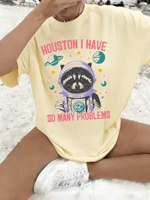 Top For Women Raccoon T-Shirt-Funny Retro Raccoon T-Shirt-Raccoon Astronaut T-Shirt-Retro Pattern Shirt-Raccoon Print T-Shirt Women Pattern T-Shirt Wo - 杏色 - 查看 1