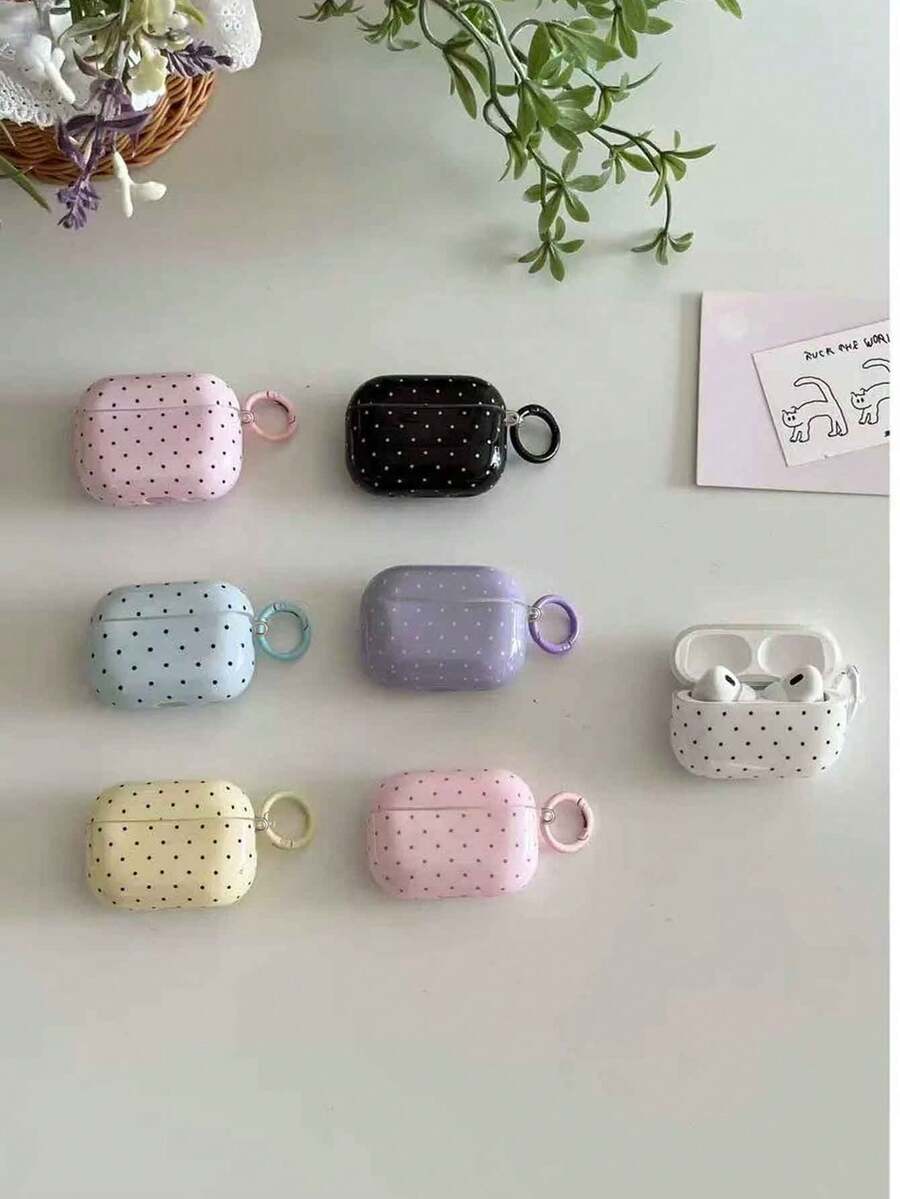 1pc Black/White/Pink/Blue/Pink Gray/Yellow Korean Style Minimalist Solid Color Small Polka Dot With Hanging Ring Earphone Case Compatible With Airpodspro3 New Airpodspro2 Protective Cover Pro Cute Apple Airpods4 Minimalist Airpods3 Personalized 1/2 Generation Girls Earphone Case Protective Cover - Multicolor - View 1