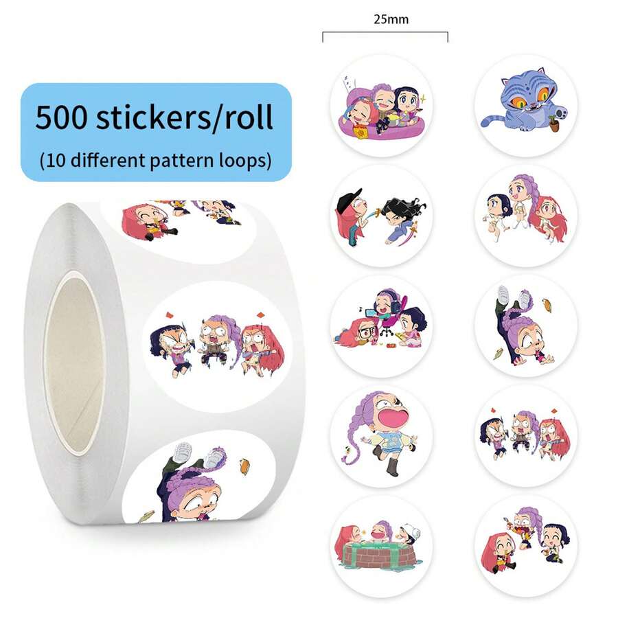 1 cuộn nhãn dán tròn 25mm MINISO chính hãng HUNTRESS IP 500 miếng hình cô gái chibi dễ thương, nhãn dán chân dung tự dính, phù hợp trang trí gương trang điểm, túi, lược, ví, hộp đựng tai nghe và nhiều vật dụng khác - Nhiều màu - Xem 1