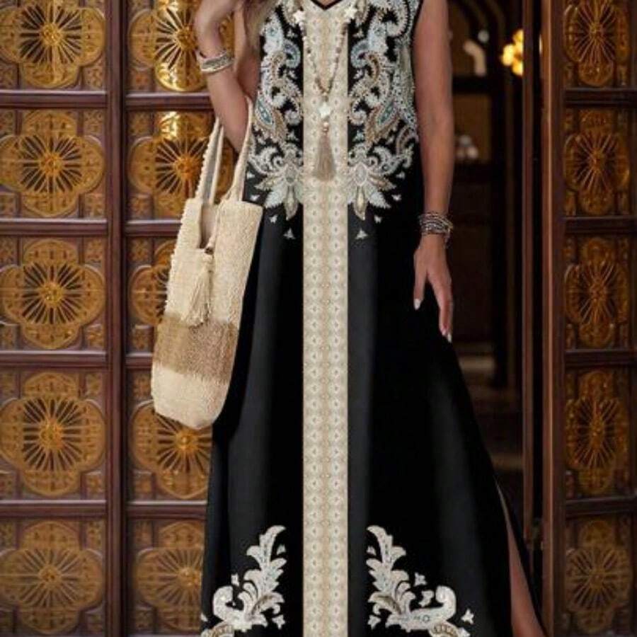 guangzhougaolangshangmao Vestido largo con estampado floral de escote en V, elegante y casual, tallas grandes, adecuado para primavera/verano, vacaciones - Negro01 - Ver 1