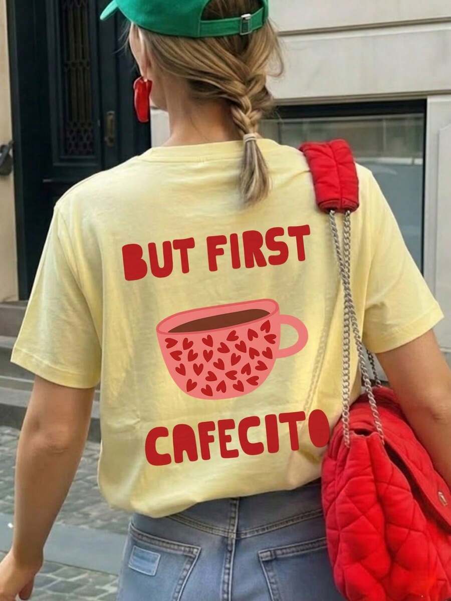 1 Piece Summer Short Sleeve Crew Neck T-Shirt With Pink Heart And Coffee Cup Print, English Text, Loose And Comfortable Fit, Ideal For Coffee Lovers, Suitable For Street, Daily Wear, Music Festivals, Parties And Women's Vacation - 杏色 - 查看 1