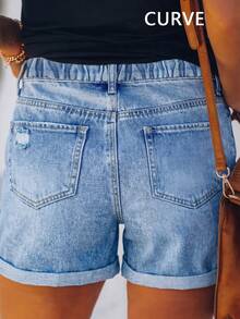 Plus Size Solid Color Washed Wide Leg Shorts, Casual Straight Leg Denim Summer - Medium Wash - View 3