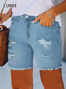 Plus Size Skinny Denim Shorts, Casual Hot Pants For Summer, Sexy Fitted Ultra-Short - Light Wash - View 2