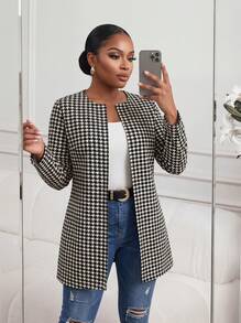 SHEIN Lady CURVE Plus Size Women Houndstooth Print Open Front Casual Commuter Jacket, Spring/Autumn - Black and White - View 1