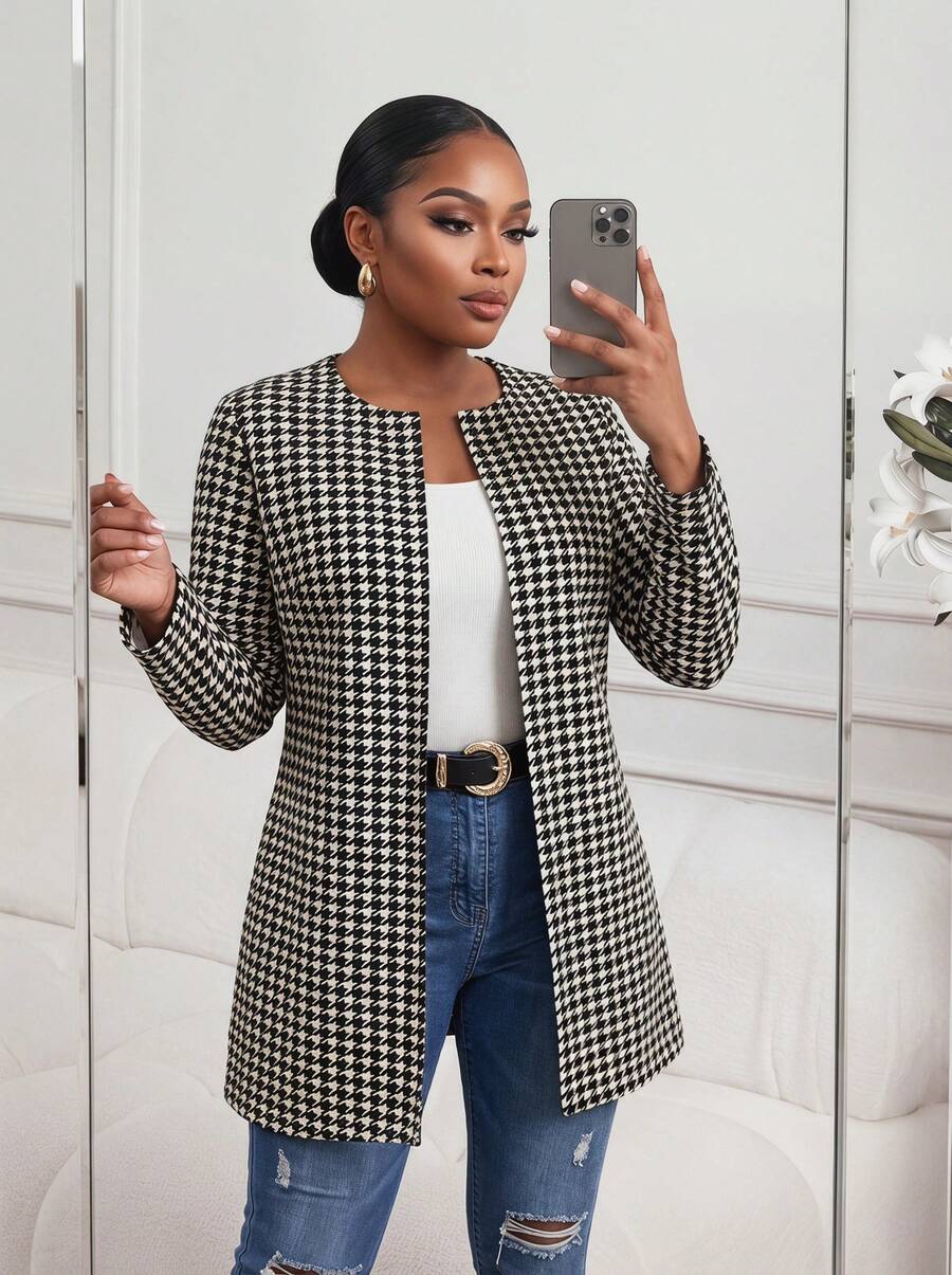 SHEIN Lady CURVE Plus Size Women Houndstooth Print Open Front Casual Commuter Jacket, Spring/Autumn - Black and White - View 1