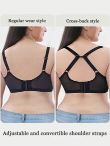 1pc Plus Size Women Non-Wired Lace Underwire Bra, Breathable Non-Slip, High Support, Adjustable Straps, Seamless, Suitable For Daily Wear ﻿ - Black - View 4