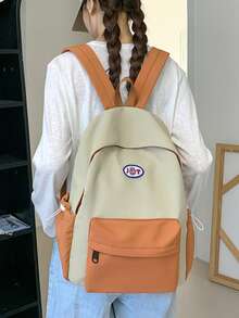 1 pieza Mochila de moda con cierre de cremallera de nailon de bloques de color para niños y niñas, bolsa escolar para estudiantes, adecuada para todas las estaciones y uso diario - A - Ver 2
