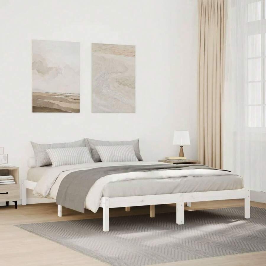 vidaXL Solid Wood Bed, Extra Long Wooden Bed Without Mattress, Bed Frame With Slatted Base, Double Bed For Bedroom, 140x220cm Pine Wood White - White - View 1
