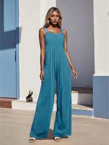 Womens Fashion Solid Color Jumpsuit Casual Button Wide Leg Suspender Overalls With Pockets - 寶藍色 - 查看 1