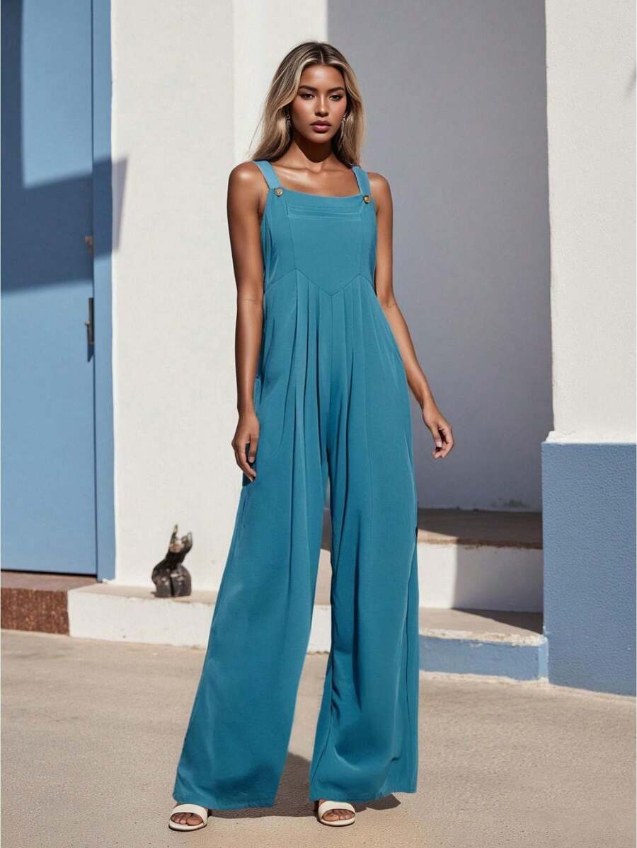 Womens Fashion Solid Color Jumpsuit Casual Button Wide Leg Suspender Overalls With Pockets - 寶藍色 - 查看 1