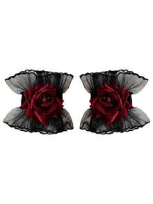 Gothic Lolita Lace Cuffs Decorated With Deep Red Roses, Elegant And Unique, Suitable For Women's Dates, Performances, And Weddings - A - View 3