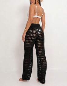 Knitted Beach Cover-Up Pants With Elastic Tie-Up Fishnet - Black - View 4
