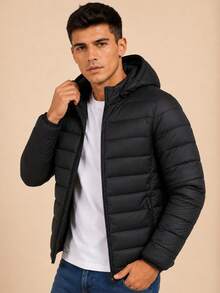 Men's Black Puffer Jacket With Hood, Lightweight And Warm Padded Puffer Jacket, Casual Winter Coat For Everyday Wear - màu đen - Xem 8