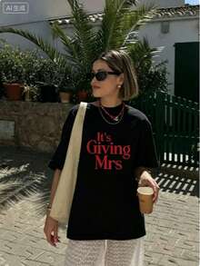 Bachelorette T Shirts Women,Its Giving Mrs Bride To Be Engagement Top,Summer Print Round Neck Short Sleeve,Graphic Tees,Cute,Party Outfit - 黑色 - 查看 8