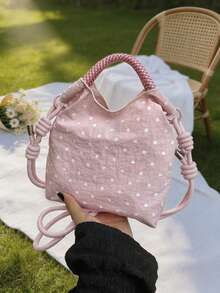 3-Color Polka Dot Contrast Nylon Lightweight Drawstring Closure Minimalist Handbag Crossbody Bag For Students Shopping Travel Women Tote With Detachable Shoulder Strap - Multicolor - View 5