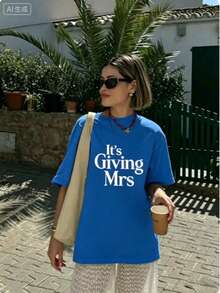 Bachelorette T Shirts Women,Its Giving Mrs Bride To Be Engagement Top,Summer Print Round Neck Short Sleeve,Graphic Tees,Cute,Party Outfit - 藍色 - 查看 7