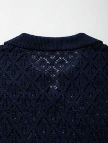 Maglietta in maglia con colletto POLO unisex da uomo, maniche corte, ampia, casual, versatile, per il pendolarismo, con dettagli traforati, primavera estate, ritorno a scuola - Blu Navy - Visualizzare 6