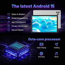 Qetupa Android 15 平板电脑，10.1 英寸屏幕，4GB 内存 + 64GB/128GB 存储空间，MTK 6762 八核 2.0GHz 处理器，500 万像素前置摄像头和 1300 万像素后置摄像头，6000mAh 电池，高清 (1280x800) IPS 触摸屏，不支持 SIM 卡，包含键盘、鼠标、保护套、手写笔和 Type-C 数据线 - 万圣节、生日、圣诞节的最佳礼物（不含适配器） - 銀色 - 查看 3