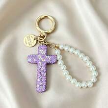 Shiny Rhinestone Cross Women's Bag Charm Keychain, Pearl Chain Car Key Ring, Cross Fashion Handbag Accessory And Gift - Cross - View 13