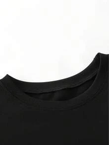 Minimalist. 100% Cotton. Women's Short-Sleeved T-Shirt With Beach Landscape Print, Crew Neck, Summer Design, Elegant, , Loose And Slimming. Spring/Summer Top. - Black - View 5