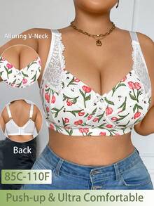Plus Size Women's Wireless Bra With Floral Print, Breathable Non-Slip Lace Patchwork, Supportive Lift, Adjustable Straps, Seamless For Daily Wear - White - View 2