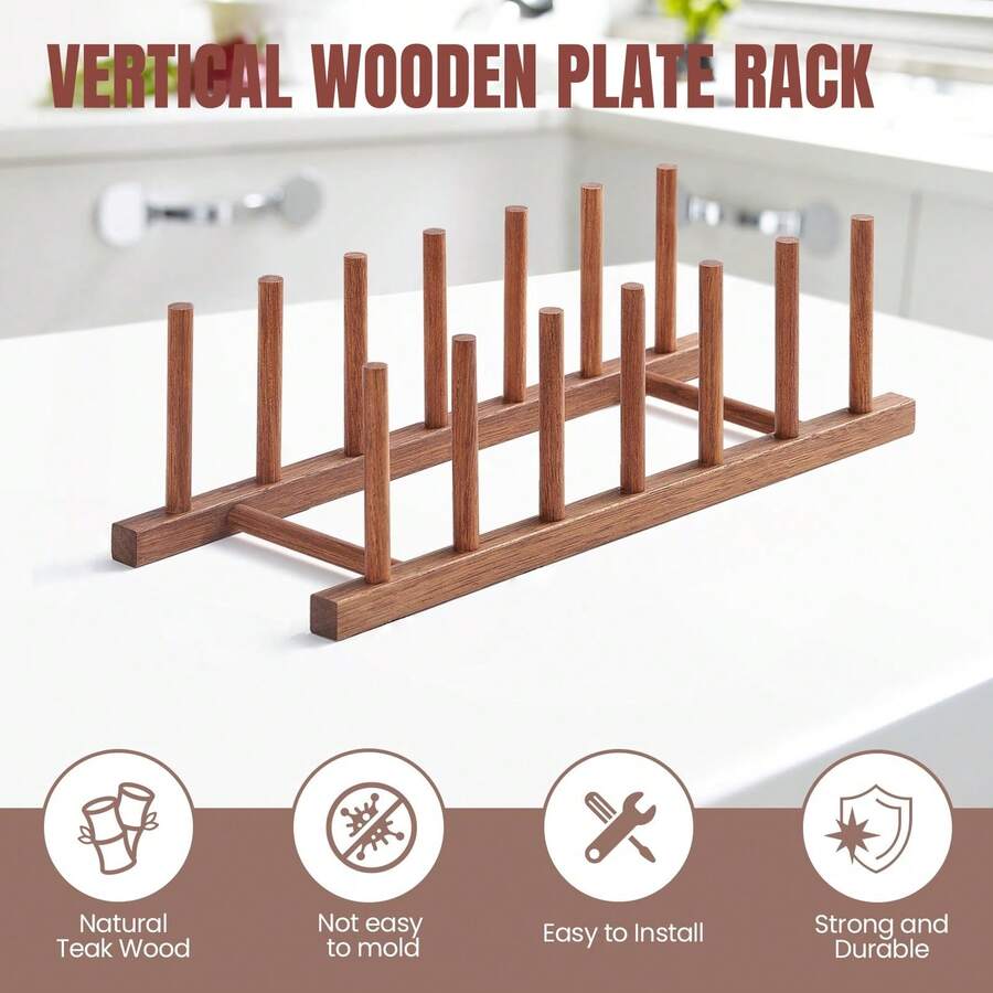 Bamboo Wooden Dish Drying Rack, Vertical 6 Pot Lid Plate Organizer Holder For Cabinet Space Saver, Cutting Board Rack Stand, Kitchen Cabinet Organizer, Baking Pan Drainer, Detachable Book Storage Holder For Office Home Organization And Display - 彩色 - 查看 1