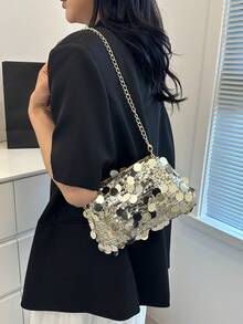 時尚彩色亮片長方形女款包款 新式個性化百搭拉鍊斜背包 小眾設計鍊條晚宴包 因光線與拍攝角度不同，實際商品與圖片可能存在輕微色差 輕量迷你包 鍊條包 手提包 水桶包 適合女孩、學生與職場女性 適用於辦公室、校園、日常通勤、戶外活動、旅行與觀光 包身採用高品質材質 - 金色 - 查看 2