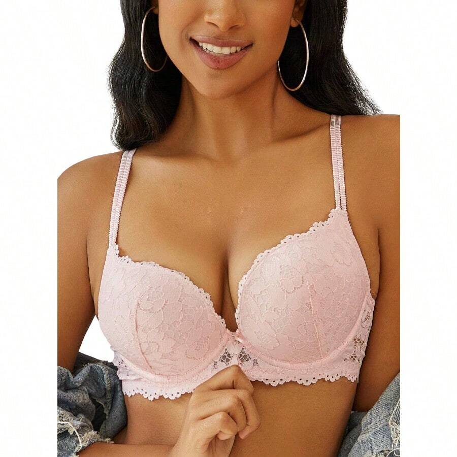 Push Up Bras For Women Add 2 Cups Sexy Lace Cleavage Extra Padded Plunge Bra Underwire - 粉色 - 查看 1