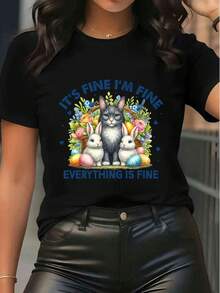 Women's Pure Cotton Short Sleeve T-Shirt Cute Cat & Bunny Floral Print Casual Top Men's Style Relaxed Fit European Easter Holiday Gift Summer Fashion Graphic Tee Breathable Comfortable Daily Wear Loose Fit Lightweight Soft Fabric Vacation Outfit  2026 - Schwarz - Übersicht 6