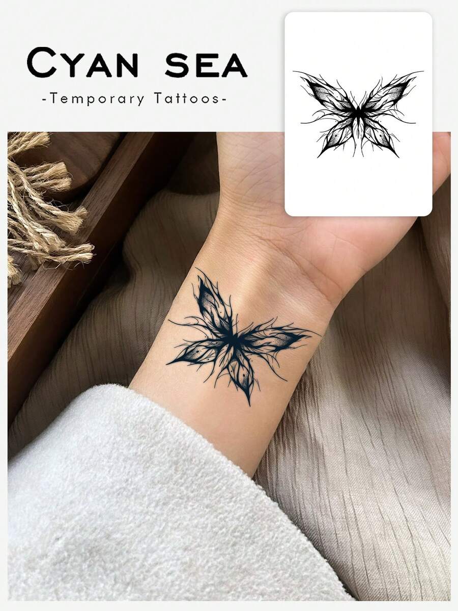 1片草本暗黑風線條繪圖刺青蝴蝶圖案紋身貼紙,臨時紋身貼紙,模擬紋身設計,適合旅行、音樂節、遊戲、畢業禮物,可維持7-14天 - 黑色 - 查看 1