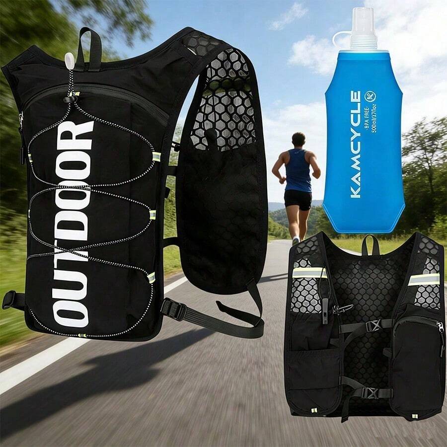 Running Hydration Vest, Includes 1 X 500ml Soft Water Bottle, Lightweight Hydration Pack, Running Vest - Black - View 1