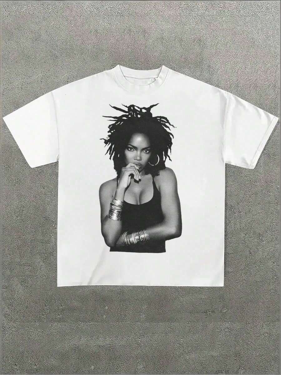 Lauryn Hill "Dreadlocks" Retro Graphic T-Shirt With Vintage Studio Portrait Print, Casual Print, Comfortable And Versatile, 100% Thick 220g Cotton, Unisex Style, 1 Piece - 白色 3 - 查看 1