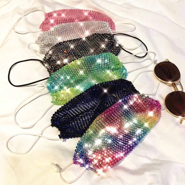 Colorful Rhinestone Mesh Face Mask, Diamond Net Veil Mask For Women, Party Fashion Accessory, Streetwear Chic Hollow Face Cover, Eye Catching Design