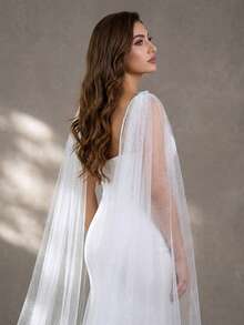 2pcs Shiny Starry Tulle Long Bridal Cape, Suitable For Wedding, Travel, Photography, Party Dress, Detachable Safety Pin - White - View 5