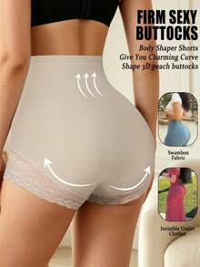 High-Waisted Beige Lace Panties. Butt-Lifting Compression, Seamless, Lightweight. - Apricot - View 7