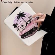 Funda protectora de tableta de cristal acrílico con efecto pintado de patrón de coche deportivo rosa y palmera, con soporte, plegable anti-doblez, esquinas reforzadas de silicona, función de activación/suspensión automática, ranura para lápiz integrada, soporte plegable multiángulo - Multicolor - Ver 7