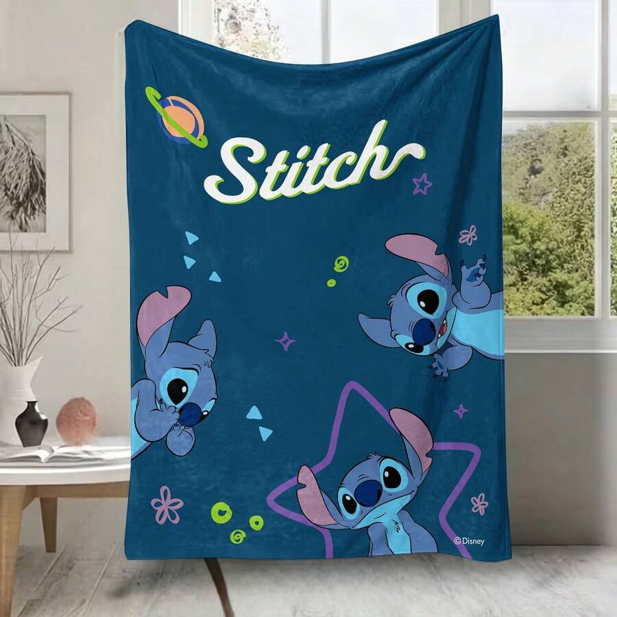 Manta de franela Disney Stitch del espacio exterior, manta de felpa suave y acogedora con diseño de planetas y estrellas lindos, fondo azul profundo, adecuada para sofá, cama, sala de estar, dormitorio, oficina, viajes, todas las estaciones - color 1 - Ver 1