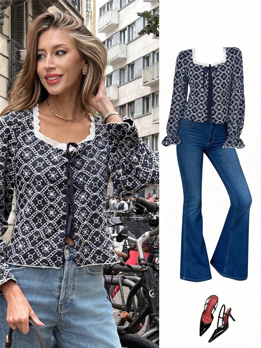 2026 Blusa con bordado vintage francés con lazo delantero - Blusa corta con cuello cuadrado de encaje y mangas abullonadas estilo vintage para mujer - Blusa bordada estilo vintage con lazo delantero, puños acampanados y cuello cuadrado de encaje para mujer - Blusa con lazo delantero, mangas acampanadas y ribete de encaje, estilo bohemio y floral bordado para mujer - azul real - Ver 1