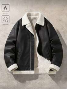 Jaket Kulit PU Olahraga Luar Ruangan Pria Musim Gugur/Dingin, Mantel Aviator Motor Berlapisan Termal Bergaya Sederhana - Hitam - View 2