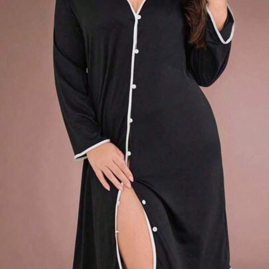LunaCass8 Vestido de dormir casual con botones y ribete de color contrastante, atuendo acogedor para otoño e invierno - Negro01 - Ver 1