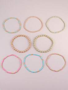 8pcs Handmade Mixed Color Small Beads With Gold CCB Beads Multi-Layer Stacking Elastic Bracelet Set, Women's Vacation Party Jewelry Accessory - Multicolor - View 3