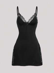 Women's Black Lace Splice Sleep Dress With Romantic Side Slit And Bowknot Design - Black - View 7