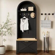 Multifunctional Cabinet With Shoe Rack, Shelf, And Hooks – Entryway Coat Rack, Sturdy MDF Construction, Modern Design, Durable Iron Legs, Practical Storage - 黑色 - 查看 12