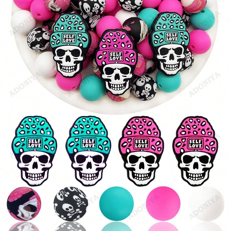 32/44 pièces Ensemble de perles en silicone en forme de crâne, perles roses et turquoises en forme de crâne, décoration de collier, bracelet, bijoux et pendentif DIY, cadeau pour les fêtes et anniversaires
