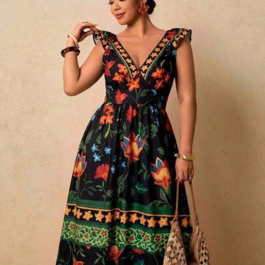 guang zhou mi qian shang mao  Vestido largo de mujer talla grande con estampado floral tropical, cuello en V, mangas con volantes, cintura ceñida y falda en línea A, vestido romántico para vacaciones en primavera temprana - Negro01 - Ver 1