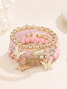 4 piezas Pulseras de estilo bohemio para niñas con cuentas de perlas multicapa y mariposas, juego de pulseras elásticas para uso diario - Multicolor - Ver 3