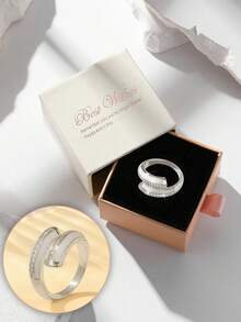 Gift Box Silver Open Ring, Zirconia Paved Crossed Arm Design, Minimalist Statement Ring For Women - Silver - View 1