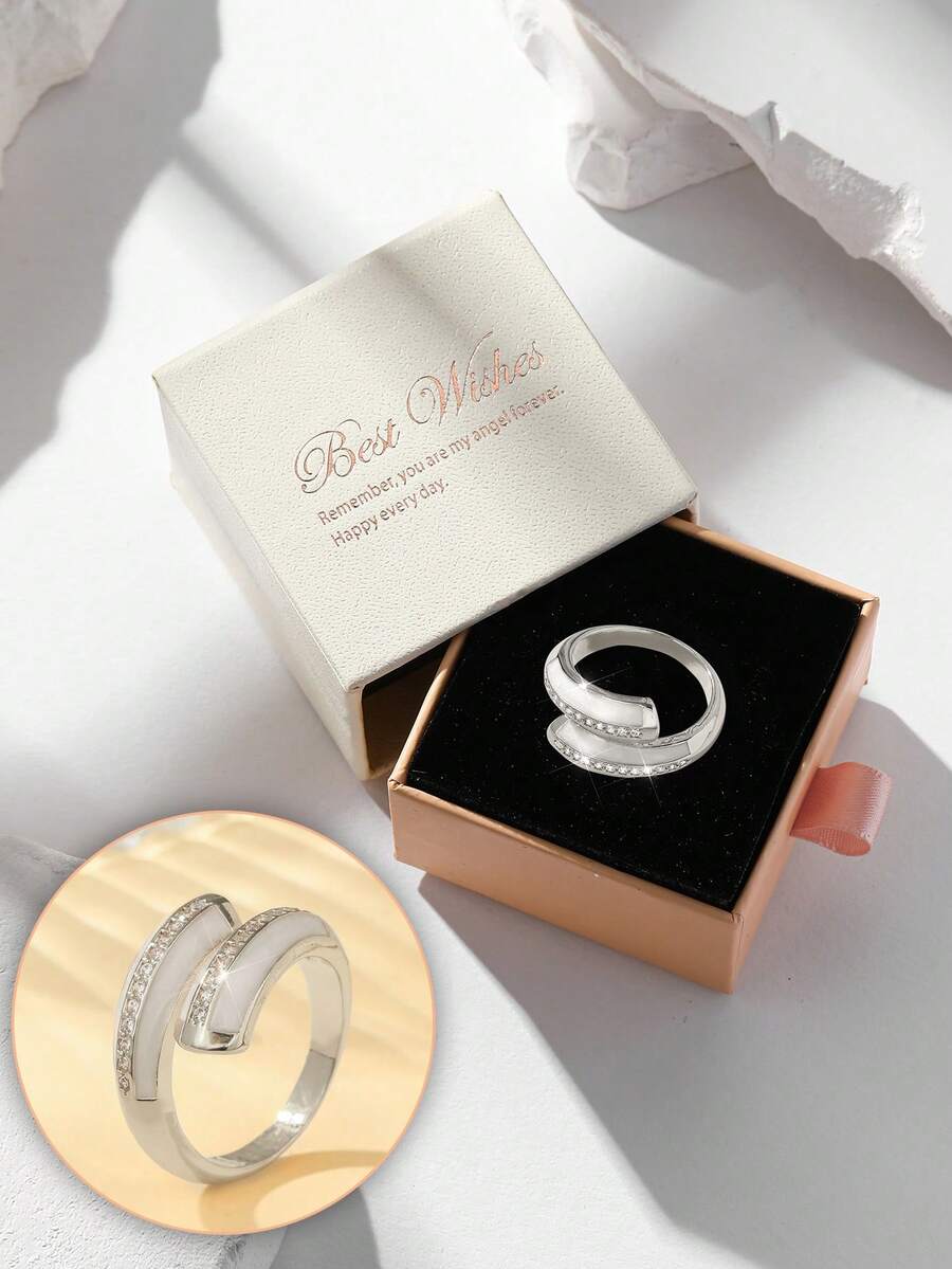 Gift Box Silver Open Ring, Zirconia Paved Crossed Arm Design, Minimalist Statement Ring For Women - Silver - View 1