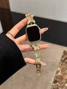 1 pieza Pulsera elegante con mariposa de diamantes, correa de reloj estilo pulsera delicada para mujer compatible con Apple Watch 38/40/41/42/44/45/46/49mm compatible con Series 11/10/9/8/7/SE/6/5/4/2/1 solo correa, no incluye caja ni reloj - Dorado - Ver 7
